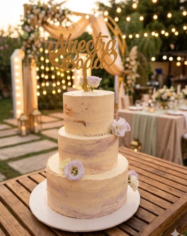 pastel de bodas con tonalidades lilas y flores  en una mesa de madera