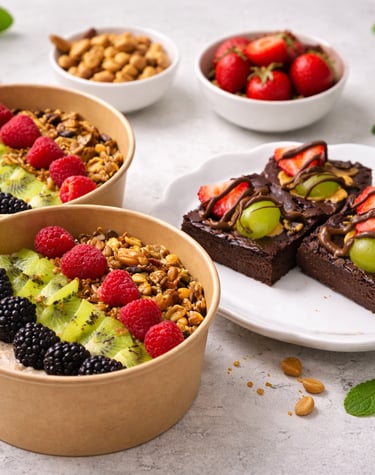 Bowls de avena para un desayuno saludable con frutos rojos frescos y brownies de chocolate
