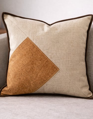 Modern decorative throw pillow with geometric cork and linen fabric panels on a gray sofa.