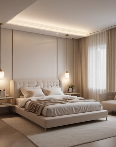 A minimalist living room with neutral tones, featuring a sleek sofa, soft lighting, and elegant home decor accents.