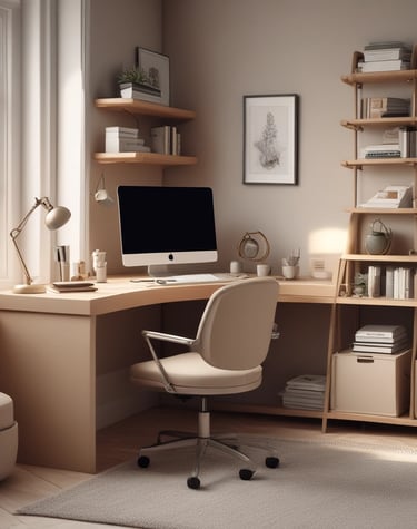 A cozy desk setup with elegant stationery, a modern lamp, and a luxury candle softly glowing in the background.