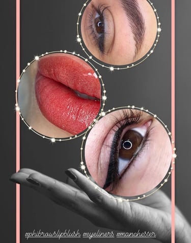 Before and after permanent makeup results for eyebrows, lip blush, and eyeliner at Glam S Beauty.