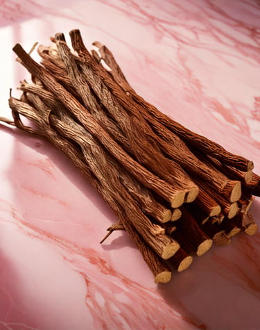 Radici di liquirizia appoggiate su una superficie di marmo rosa