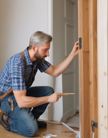 Close-up of newly painted skirting boards and squared doors, showing fine detail.