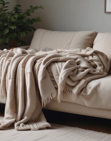 A clean marble kitchen countertop styled with warm, cozy decor elements.