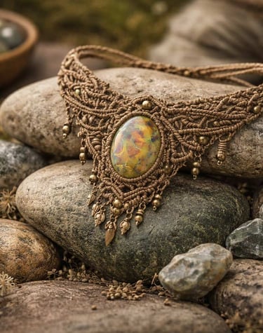 Collar de macramé hecho a mano con un cabujón de piedra colorida.