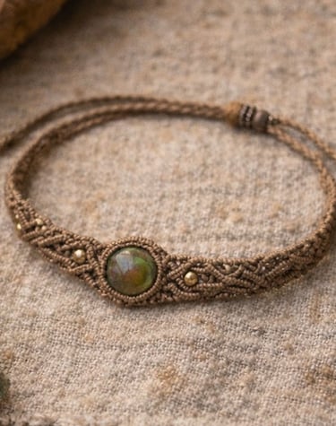 Pulsera de macramé marrón hecha a mano con una piedra preciosa verde redonda como pieza central.