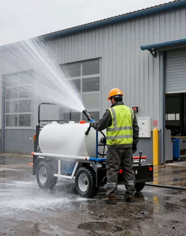 Wide view of a freshly cleaned commercial site sparkling under sunlight.
