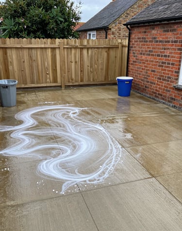 Close-up of a patio mid-clean, showing grime lifting away.