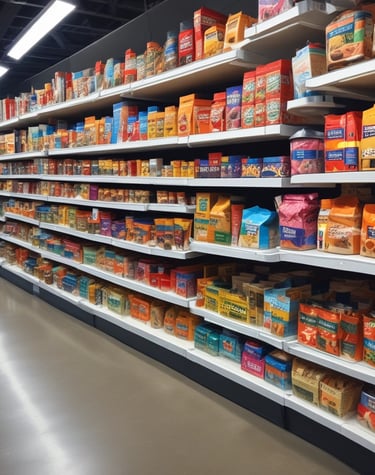Close-up of vibrant pet food bags stacked on wooden shelves.