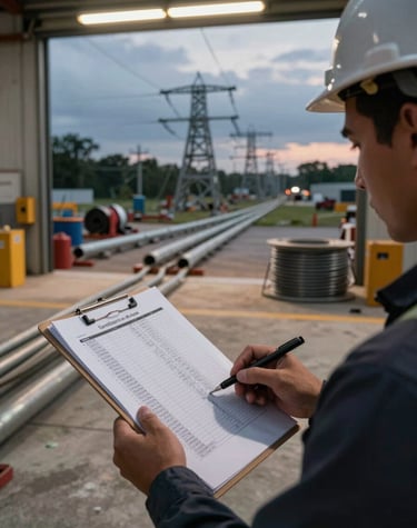 Wide environmental shot of an active electrical job site at dusk, a crew member in the foreground reviewing a cost printout clipped to a clipboard, fluorescent work lights casting harsh shadows across conduit runs and wire spools in the background, overcast sky visible through an open bay door, no smiling or posed subjects