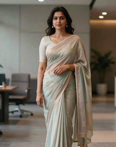 A model wearing a cream Banarasi saree with subtle gold accents, standing confidently in a modern office setting.