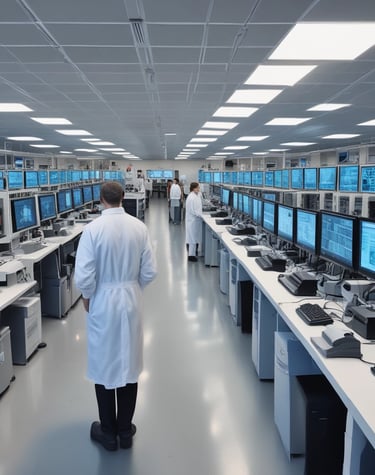 An elegant workspace blending advanced technology with calming natural elements in black and gold tones.