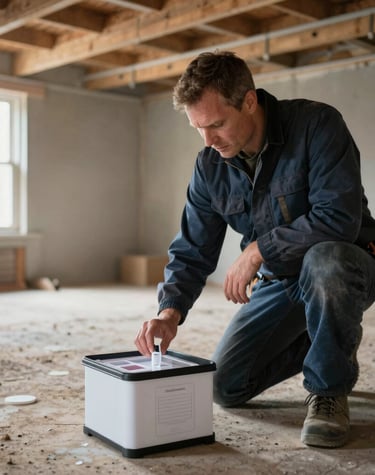 Wide view of a home exterior with inspector taking notes beside the front porch.