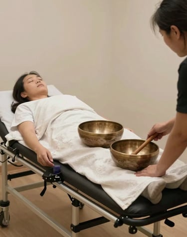 Warm therapy room with soft cream and coffee tones, golden accents glowing gently.