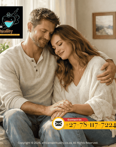 A couple embracing during a spiritual ritual for love and relationship guidance from African Spirituality.