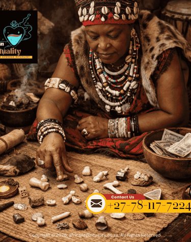 An African traditional healer performing a spiritual ritual with bone throwing and sacred artifacts.