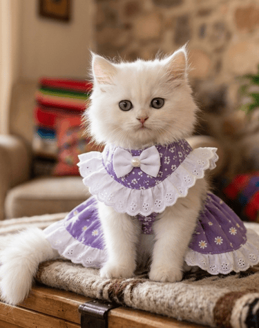 Vestido Floral Morado para Gatas con Moño y Encaje Blanco