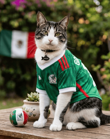 Diseño artesanal: Playera de fútbol personalizada para gato aficionado.