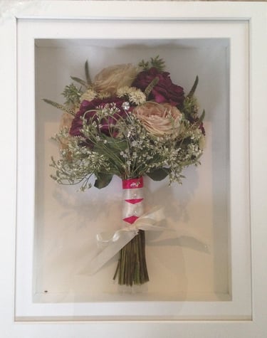 a side view preserved wedding bouquet in a frame