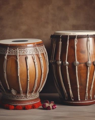 A scene featuring a man in traditional attire playing a stringed musical instrument, seated on the ground. He wears a colorful turban and is accompanied by a small child who looks relaxed and a woman with her face covered by a red veil, sitting on a patterned fabric. The setting appears rustic, with a textured stone wall in the background.