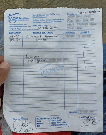 A handwritten Fazma Stone invoice receipt for Andesit Bakar natural stone tiles on blue paper.