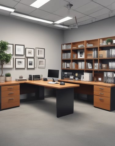 a desk with a computer monitor and shelves