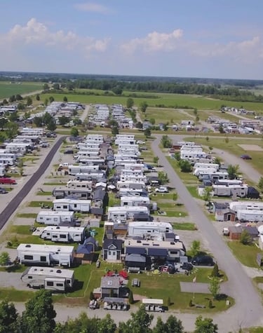 RV resort and campground with rows of travel trailers and motorhomes.