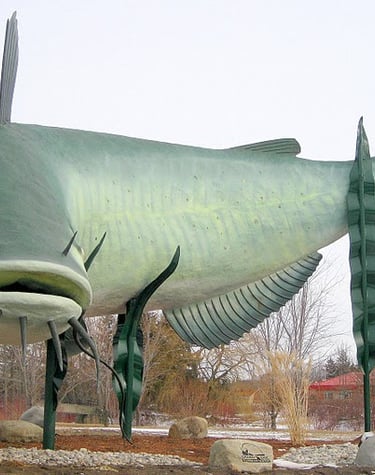 Large channel catfish roadside attraction statue in Selkirk, Manitoba, surrounded by artificial seaweed.