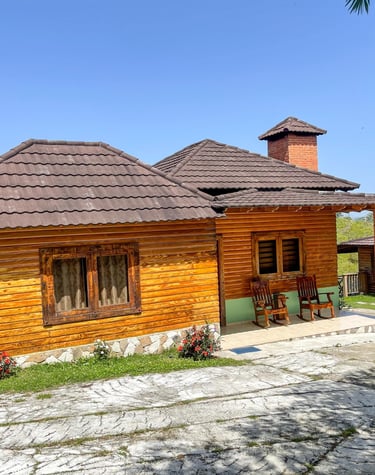 a wooden cabin with a brown roof and a brown roof
