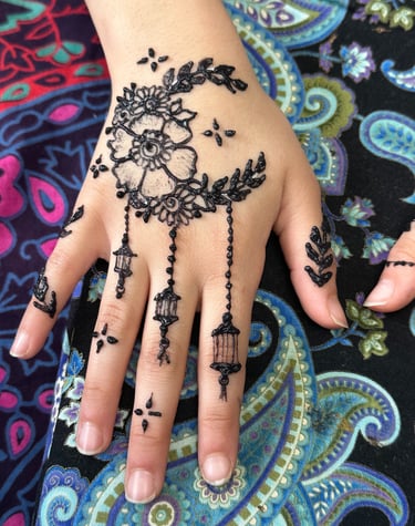 jagua design on child's hand featuring a moon made of flowers and vine with lanterns hanging from it