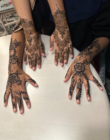 two hands rest next to each other on a table with intricate designs on them, one henna and one jagua