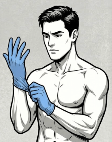 male cartoon putting on blue latex gloves