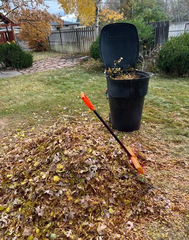 a pile of leaves and a shovel in a yard