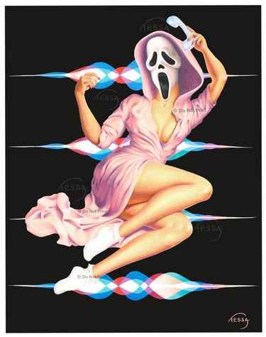 Pin Up, Pinup woman in pink robe, Halloween, Scream mask, on phone, retro and vintage and spooky