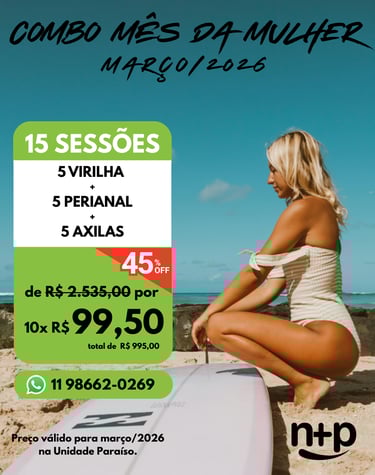 Depilação a Laser Não+Pelo Paraíso: 10x de R$ 99,50 - axila, perianal e virilha