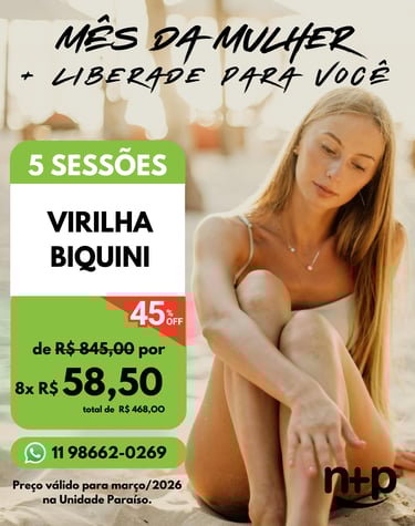 Depilação a Laser Não+Pelo Paraíso: 8x de R$ 58,50 - Virilha Biquini