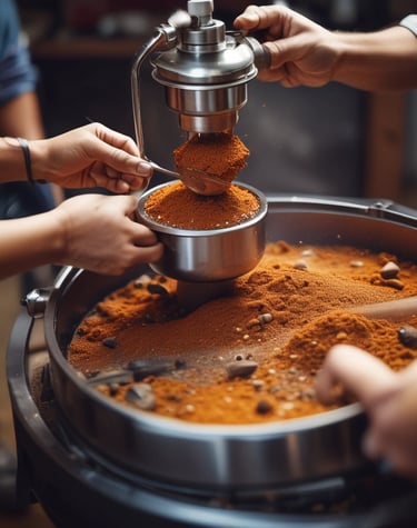 Two mushrooms are growing on a forest floor, surrounded by green moss and fallen leaves. The background consists of blurred trees and foliage, suggesting a natural woodland setting.