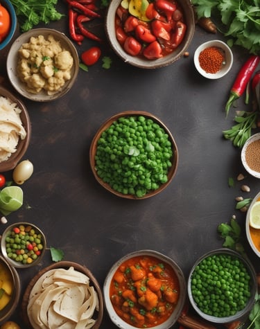 Two brown mushrooms with smooth caps and two smaller, white mushrooms growing in a lush, green forest setting with ferns and various plants.