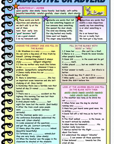 adjective or adverb worksheet with grammar explanation