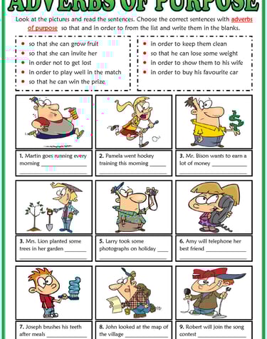 adverbs of purpose esl matching exercise worksheet