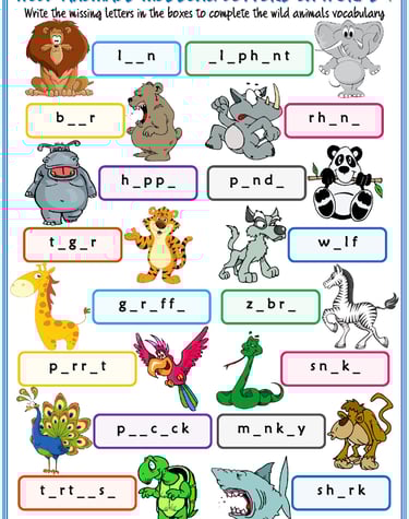 animals vocabulary esl missing letters in words worksheets for kids