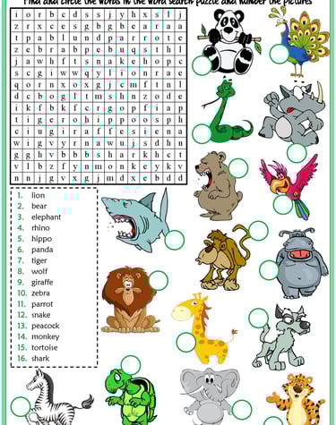 animals vocabulary esl word search puzzle worksheets for kids