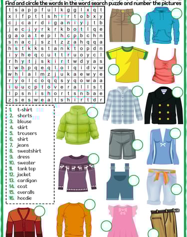clothes vocabulary esl word search puzzle worksheets for kids