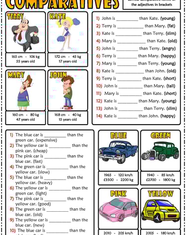 comparative forms of adjectives esl grammar gap fill exercises worksheet