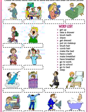 daily routines vocabulary esl matching exercise worksheets for kids