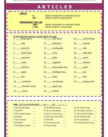 DEFINITE AND INDEFINITE ARTICLES WORKSHEET