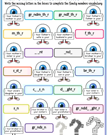 family members vocabulary esl missing letters in words worksheet for kids