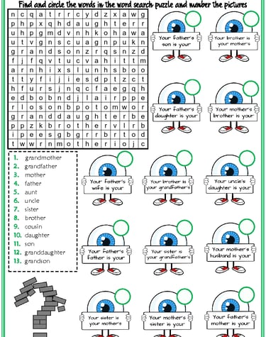 family members vocabulary esl word search puzzle worksheet for kids