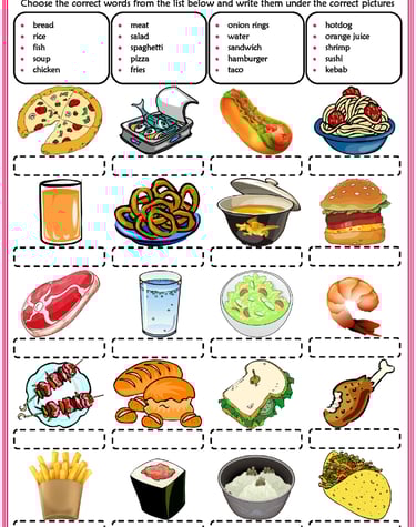 food and drinks vocabulary esl matching exercise worksheets for kids